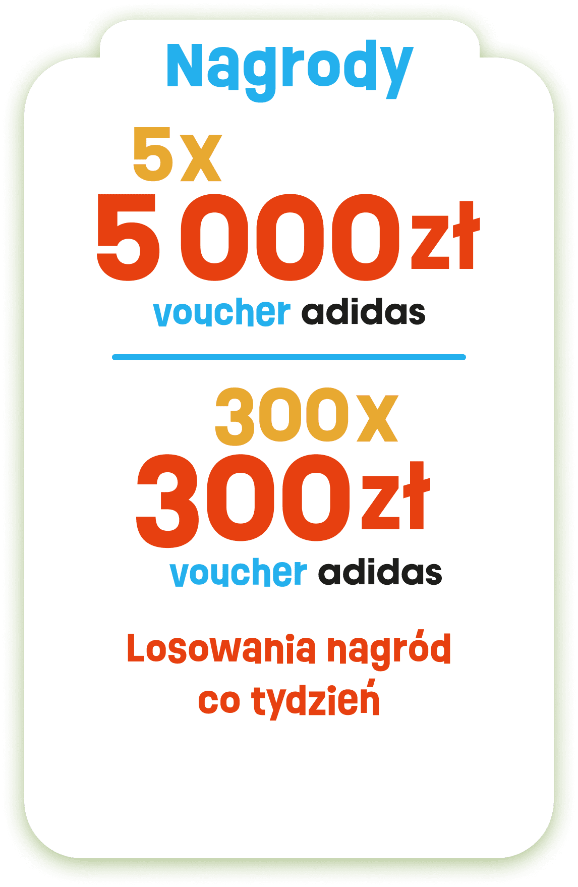 Nagrody: 5x voucher adidas 5000 zł, 300x voucher adidas 300 zł. Losowania nagród co tydzień